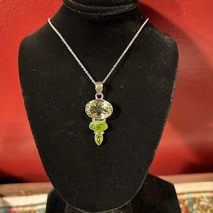 Green Amethyst Faceted Necklace set in Sterling Silver with Green Quart Accent